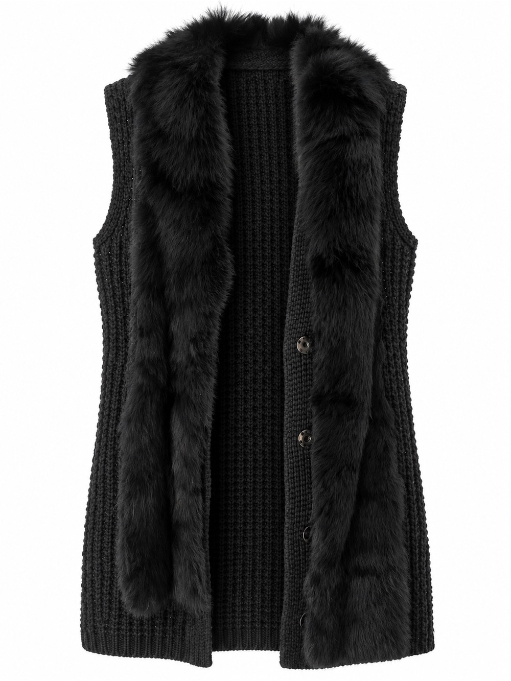 OVI Black Genuine Rabbit Fur Long Sweater Vest Small